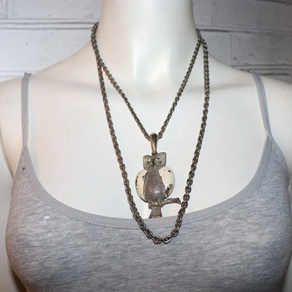Vintage silver and cream double strand owl necklace 18